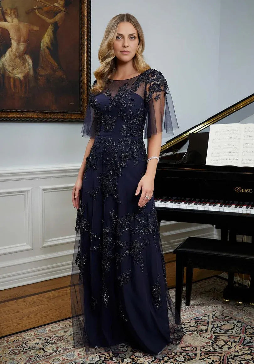 Vestido de mamá de la novia, vestido de madre de la novia, cuello redondo, mangas abullonadas, largo hasta el suelo con apliques, vestidos de madre de la novia / Tiendas con vestidos de fiesta